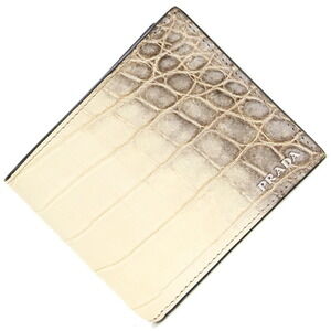 Prada Bi fold Wallet Ivory White Black Crocodile Logo Exotic